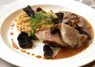 Bouillon Racine, French veal steak, orzo pasta with morels
